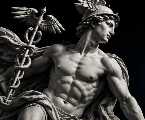 Escultura del dios Mercurio con rostro y casco alado visibles